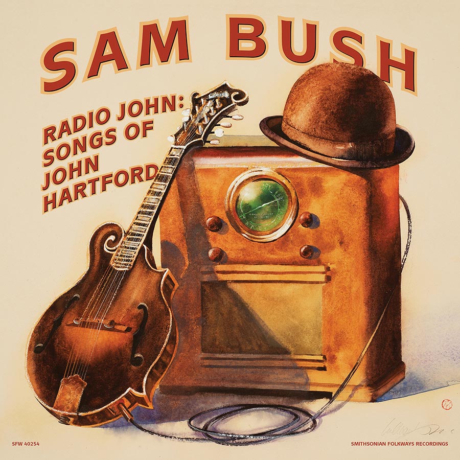 Album art with title and illustration of an electric mandolin and a brown bowler hat on an old-timey radio.