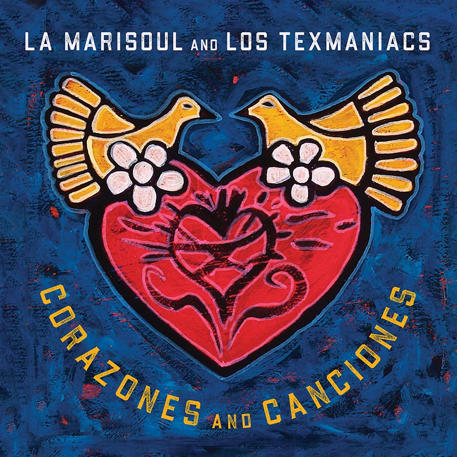 Album cover with painting of a red heart, two yellow birds on white flowers facing each other, on a blue background.